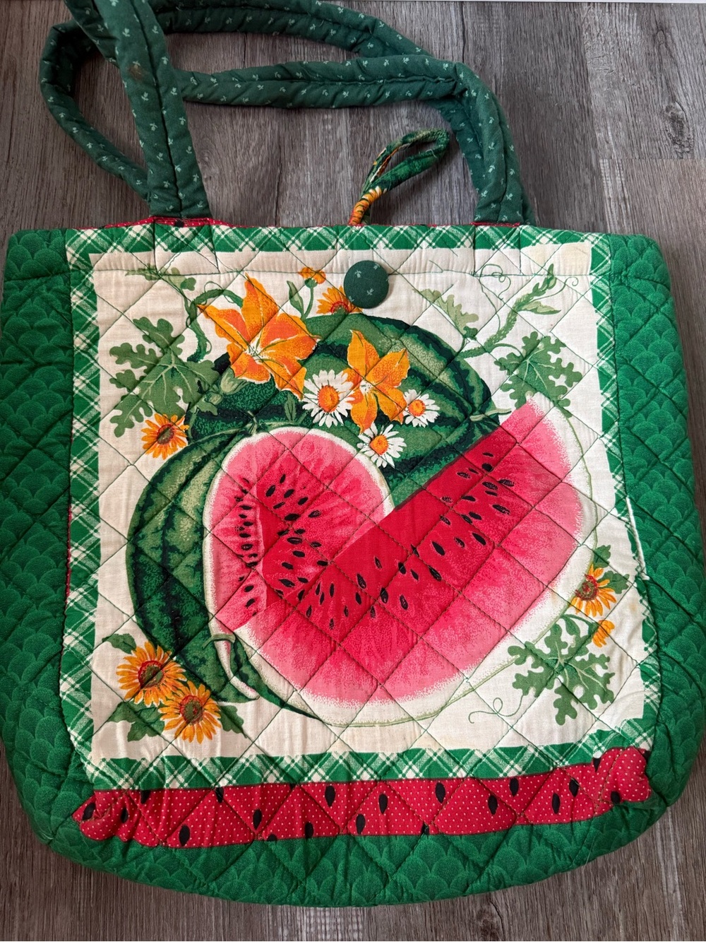 VTG Quilted Watermelon Print Sunflower Tote Bag Shoulder Bag Green Pink Quilt
